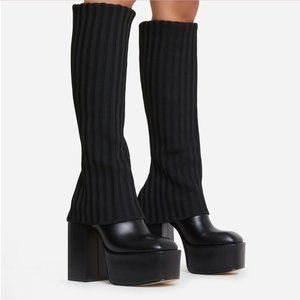 🖤 NWOT US SZ 8 BLACK LEILA LAYERED KNIT DETAIL SQUARE TOE PLATFORM BOOTS 🖤